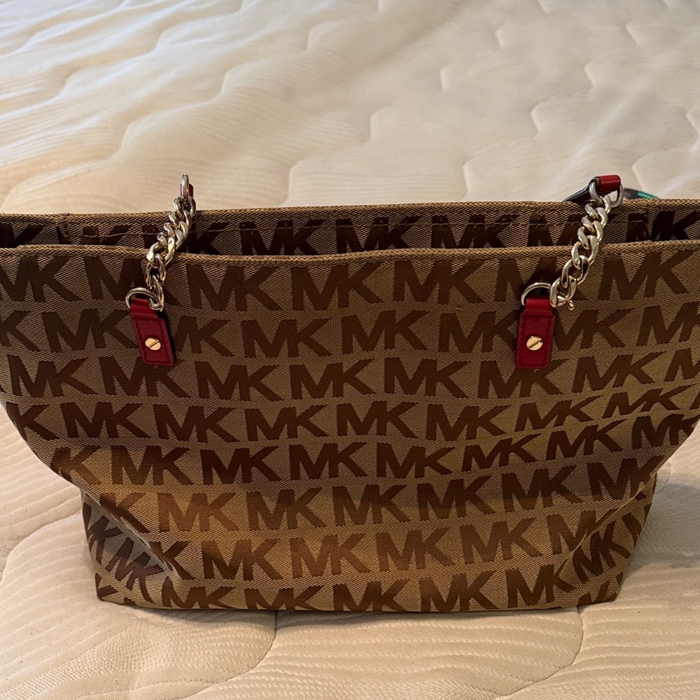 Michael Kors Brown MK Signature Tote with Red Trim and Chain Handles